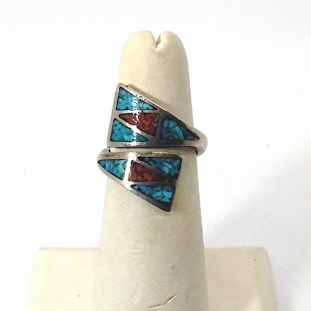 Sterling Silver Crushed Turquoise and Coral Inlay Split Shank Wrap Ring Sz 7